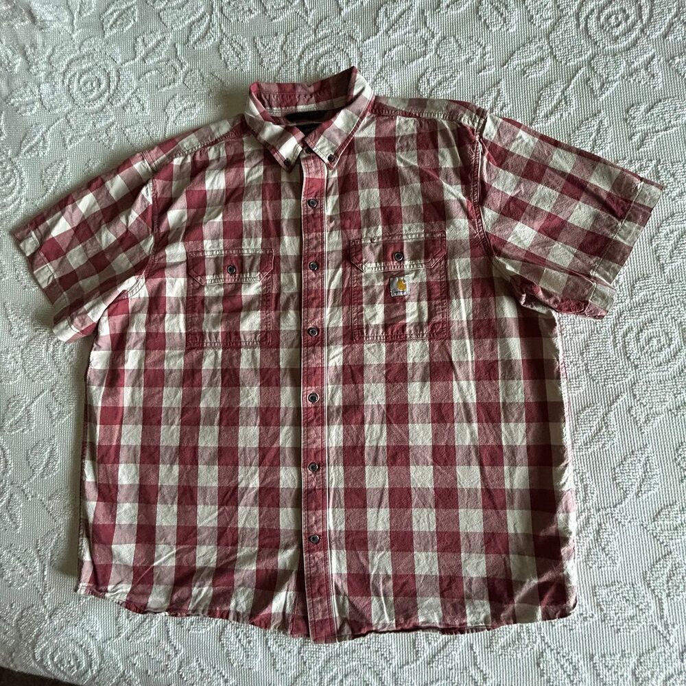 Carhartt Loose Fit 2XL Red Plaid Button Front Work Shirt Short Sleeve Workgear